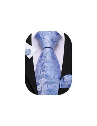 Barry.Wang Mens Blue Tie Silk Floral Baby Blue Necktie Pocket Square Cufflinks Set Classic Wedding Party
