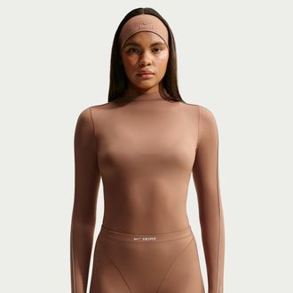 Nike Womens SKIMS Weightless Mock-Neck Long-Sleeve Top in Brown | IZ6616-263