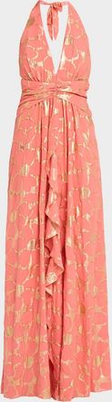 Ramy Brook Stephanie Metallic Floral Halter Maxi Dress
