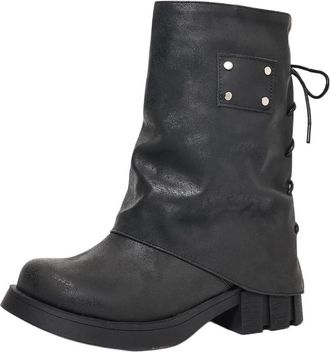 Generic Womens Vintage Ankle Boots Chunky Block Heels Distressed Leather Lace-Up Back Side Zipper Retro Fashion Boots Comfortable Daily Streetwear,Black,4.5 U