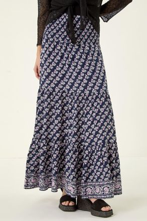 Roman Floral Print Shirred Maxi Skirt