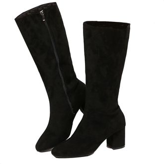 Generic Womens Chunky Heel Pointed Toe Knee-High Boots, Block Heel Suede Side Zipper Dress Boot, Casual Shoes for Fall and Winter (Black,6.5)