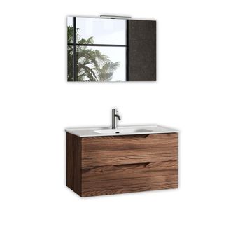 Aquadesign Mueble de ba&ntilde;o con espejo de 4 piezas en mdf roble oscuro