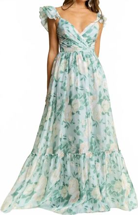 Maniju Flutter Sleeve Organza Print Maxi Gown In Blue