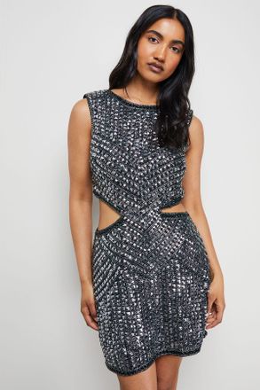 Warehouse Womens Stud Embellished Sequin Cut Out Mini Dress - Black - Size 16 UK