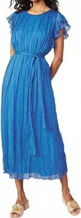 Current Air Flutter Short Sleeve Crinkle Midi Dress With Self Tie In Azure Blue