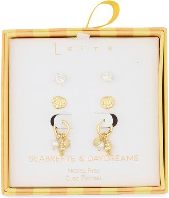Leith Set of 3 Cubic Zirconia Stud, Shell & Cultured Pearl Charm Huggie Hoop Earrings in Clear- White- Gold at Nordstrom Rack