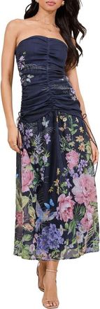 Lipsy Ruched Bandeau Maxi Dress in Blue at Nordstrom, Size 12 Us