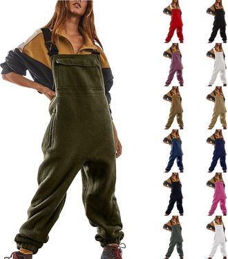 Generic Womens Fleece Dungarees Loose Fit Adjustable Straps Solid Overalls with Pockets Thermal Long Jumpsuit Playsuit Trousers Winter Comfy Dungarees Women B