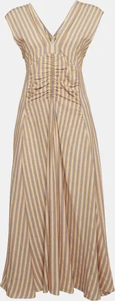 Sandro Yellow Striped Twill Anym Ruched Midi Dress