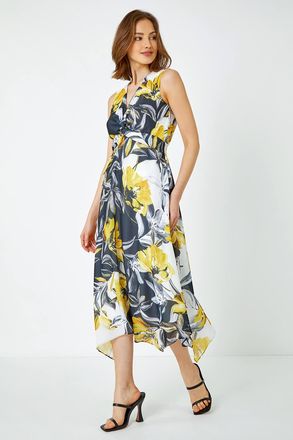 Roman Floral Twist Front Chiffon Asymmetric Midi Dress