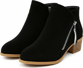 Generic Women Faux Suede Pointed Toe Ankle Booties - Classic Western Cowboy Low Heeled Shoes - Vintage Comfy Slip on Boot (Black,8.5)