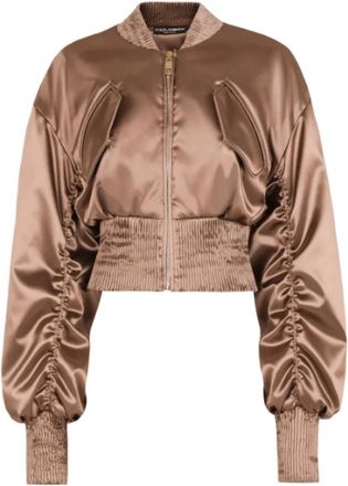 Dolce & Gabbana Stijlvolle Bruine Gerimpelde Bomberjas - Dames - Bomber jackets - Beige - S - Nylon - Jassen