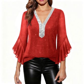 Generic Sparkly Tops for Women UK Party Wear Ruffle 3/4 Sleeve V Neck Blouses Elegant Flowy Fashion Glitter Evening Shirts Long Sleeve Going Out Tops for Wome