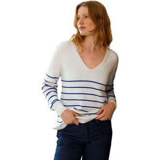 Celtic & Co. Merino V-Neck Sweater in Ecru Cobalt Stripe at Nordstrom, Size X-Large