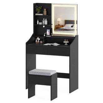 Costway Costway Wooden Vanity Desk Set w/ Mirror & Lights Makeup Table w/Storage Stool in Black