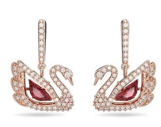 Swarovski Swan Drop Earrings Swan, Red, 18K Rose Gold Finish