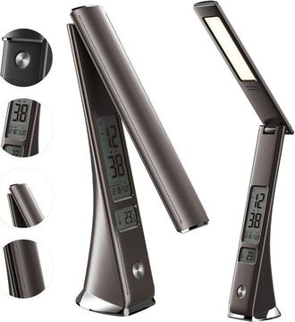 Trade Shop Trade Shop - Lampara De Escritorio Luz Led 3 Intensidad 5w Negro Imitacion Cuero Reloj Pantalla Lcd