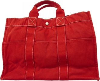 Herm&egrave;s Red Color Canvas Tote Bag (Pre-Owned)