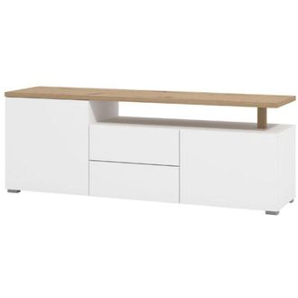 Dmora Mobile Porta tv Melzo, 2 Cassetti, 2 Ripiani, Apertura Battente, Scorrevole, 154x40x55.5h cm Bianco Opaco