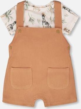 Deux par Deux Organic Cotton Jersey Bodysuit and Cotton Rib Shortall Set in Beige Zebra Print & Caramel at Nordstrom, Size 12M