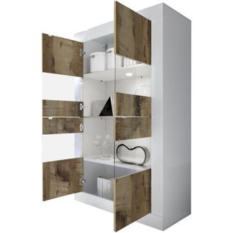 Dmora Vetrina Suzzara, Mobile Espositore 2 Ante, Colore Struttura Marrone Made in Italy, Colore Ripiano Bianco, 101.4x42x161.2h cm Bianco Lucido