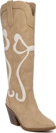 SUGAR Womens Tall Boots - Knee-High Vegan Leather Riding Boots with Pull-On/Side Zipper Entry, Decorative Straps, and Block Heel, Tan Cream-kammy, 7.5 UK