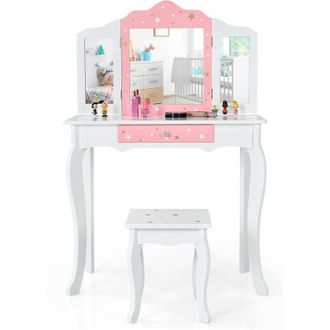 Costway Costway Set Mesa Tocador Y Taburete Para Ni&ntilde;os, Mesa Maquillaje Infantil Con Espejo Tripartido, Caj&oacute;n Con Imprenta De Estrellas