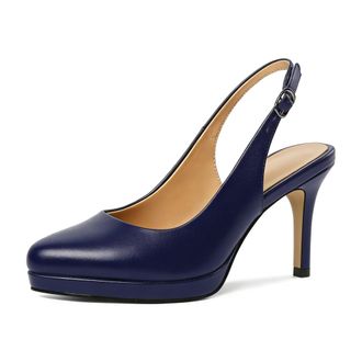 EDEFS Womens Navy Slingback Heels with 3.5 Inch High Heel Platform Elegant Court Shoes for Office and Evening Wear UK2