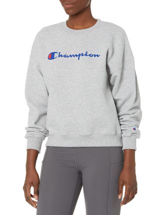 Champion Womens Powerblend Relaxed Crew, Screen Print Script Sweatshirt, Oxford Gray-y08113, Medium