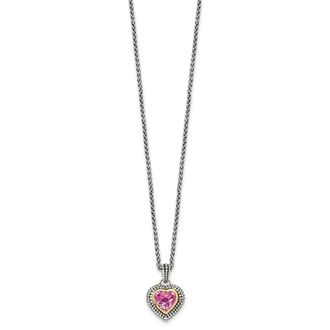 Diamond2Deal Sterling Silver with 14K Accent Heart Created Pink Sapphire Pendant Necklace