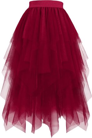 Generic Women High Waist Tulle Tutu Skirt Mesh Layered Pleated A-Line Midi Skirt Summer Casual Solid Color Mesh Dress Gauze Tiered Swing Skirts Elastic Waiste