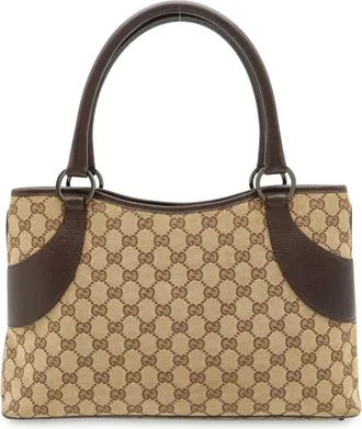 Gucci Gg Canvas Beige Dark Brown Gg Canvas Leather Shoulder Bag Tote Bag (Pre-Owned)