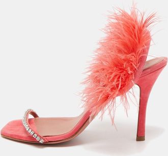 Amina Muaddi Pink Satin And Feather Crystal Embellished Adwoa Slingback Sandals