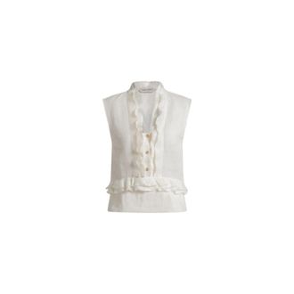 Alberta Ferretti Linen Blouse with Ruffles - female - Alberta Ferretti - Sleeveless Tops - Beige - XL - Tops