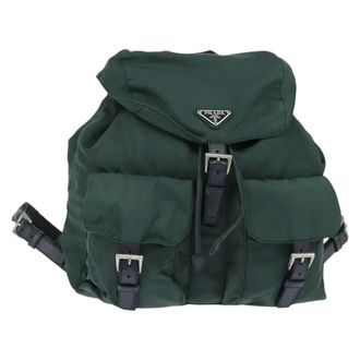 Prada Vela Double Front Pocket Tessuto With Saffiano Leather Khaki Nylon Backpack Bag (Pre-Owned)