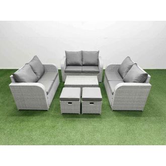 Fimous Fimous 8 Seater PE Wicker Rattan Furniture Sofa Sets with Rectangular Coffee Table 2 Seater Love Sofa 2 Stool Side Table Light Grey