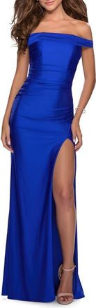 La Femme Off the Shoulder Dress with Tie Back and Slit in Royal Blue at Nordstrom, Size 16