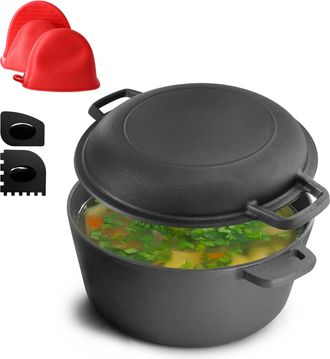 MegaChef 5 Quart Pre-Seasoned 2-in-1 Cast Iron Dutch Oven and Skillet