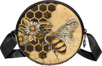 Generic Circle Crossbody Bag for Women, Honey Bee Daisy Small Sling Bag Daypack with Zipper Adjustable Shoulder Straps Casual Ladies Girls Round Purse