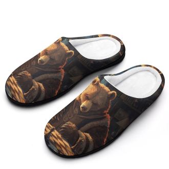 Generic Bear Playing Chess Womens Slippers Warm House Slippers Indoor House Shoes with Anti-Skid Rubber Sole