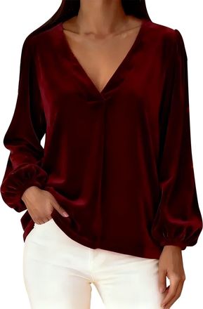 Generic Holiday Tops for Women Dressy Velvet Tops for Women V Neck Long Puff Sleeve Fall Winter Trendy Dressy Casual Loose Cocktail Party Holiday Tunic Shirts