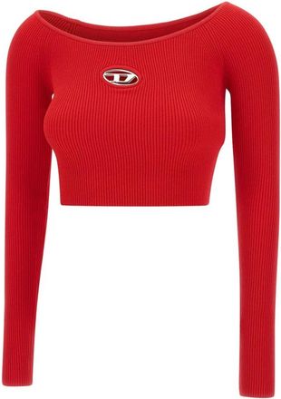Diesel Round-neck Knitwear, female, Red, Size: S Red Eco-Viscose Jersey Top with Metal Logo
