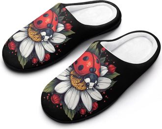 Generic Daisy Flower with Ladybug Insect Womens Slippers Warm House Slippers Indoor House Shoes with Anti-Skid Rubber Sole