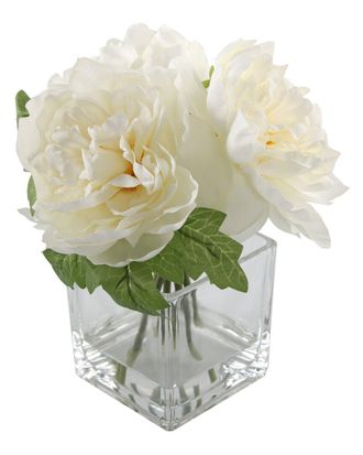Flora Bunda 9in Tall Silk Peony Arrangement in Glass Pot