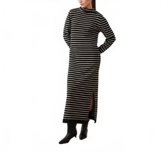 Suncoo Chadela Striped Turtleneck Knit Sweater Dress In Black And Camel