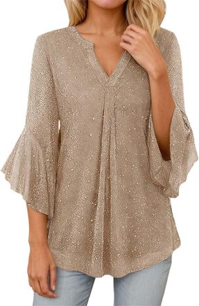 Generic Sequin Tops for Women UK V Neck T Shirts 3/4 Bell Sleeve Pullover Tops Glitter Elegant Trendy Party Ruffle Blouses Ladies Flowy Loose Black Red Pink B