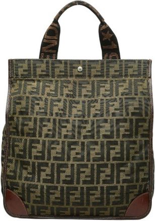 Fendi Zucca Brown Nylon Leather Handbag Tote Bag (Pre-Owned)
