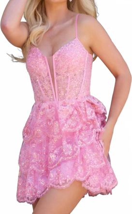 Jovani Tiered Mini With Glittered Floral Embroidery Dress In Pink