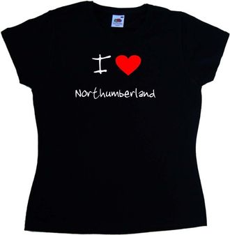 Tee Tree Designs I Love Heart Northumberland Black Ladies T-Shirt (White Print)-Size 10